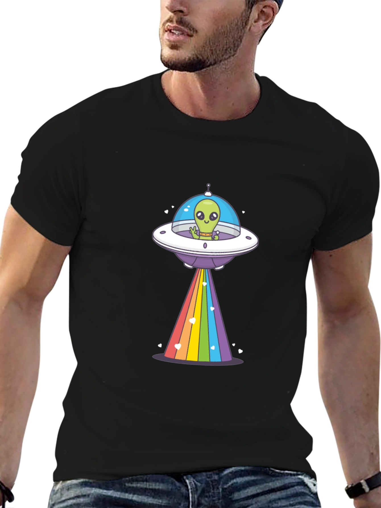 Alien UFO Rainbow Beam Graphic T-Shirt
