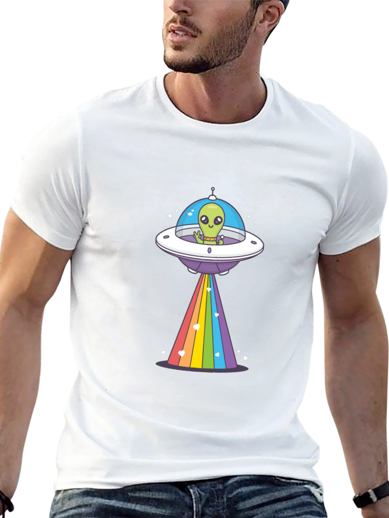 Alien UFO Rainbow Beam Graphic T-Shirt
