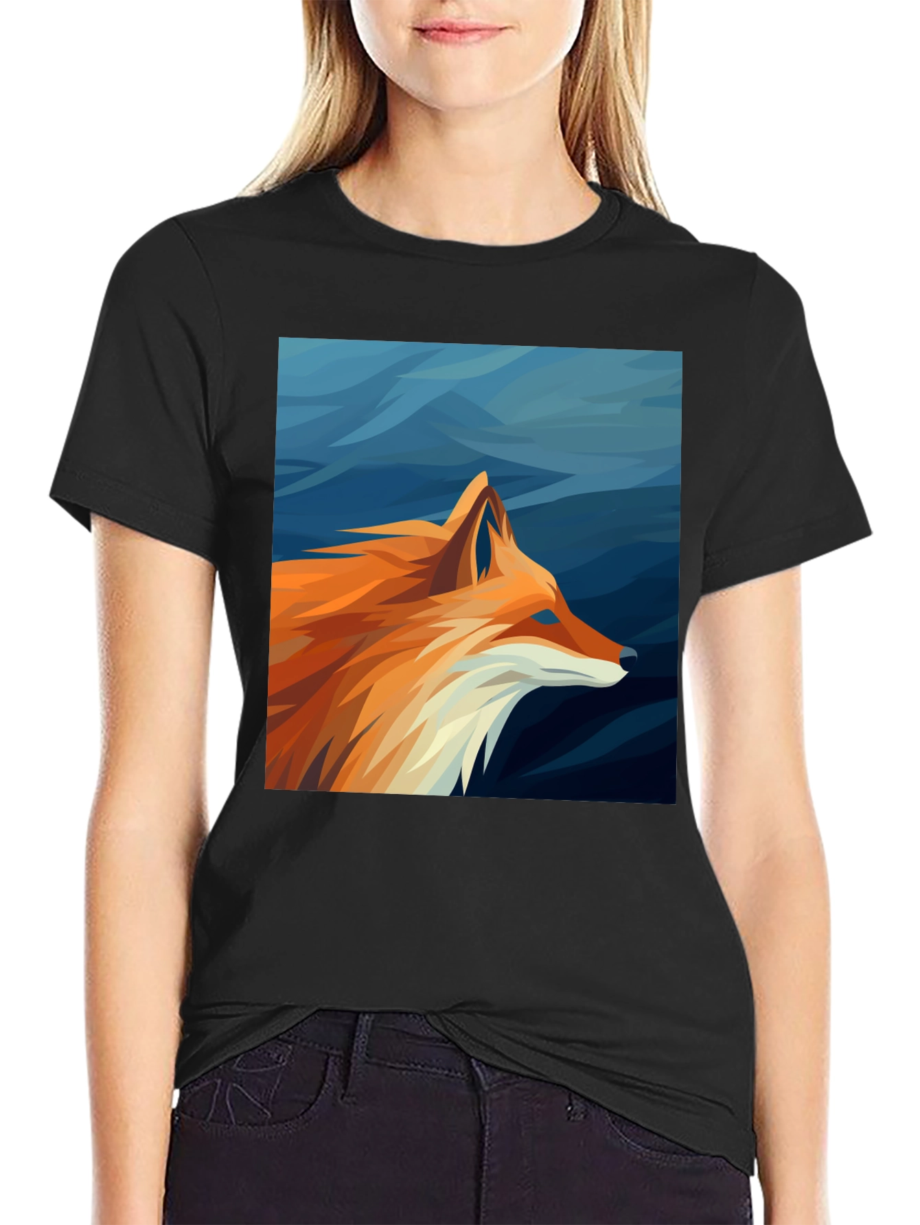 Geometric Fox Graphic Tee - Black Cotton Comfort
