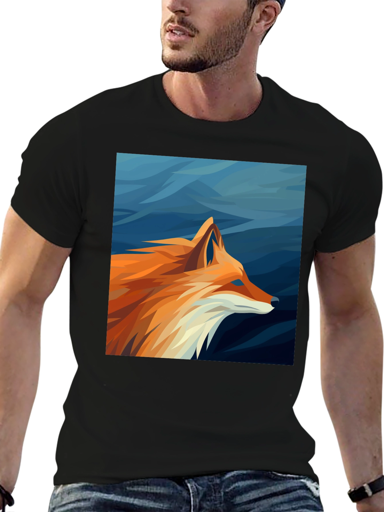 Geometric Fox Graphic Tee - Black Cotton Comfort