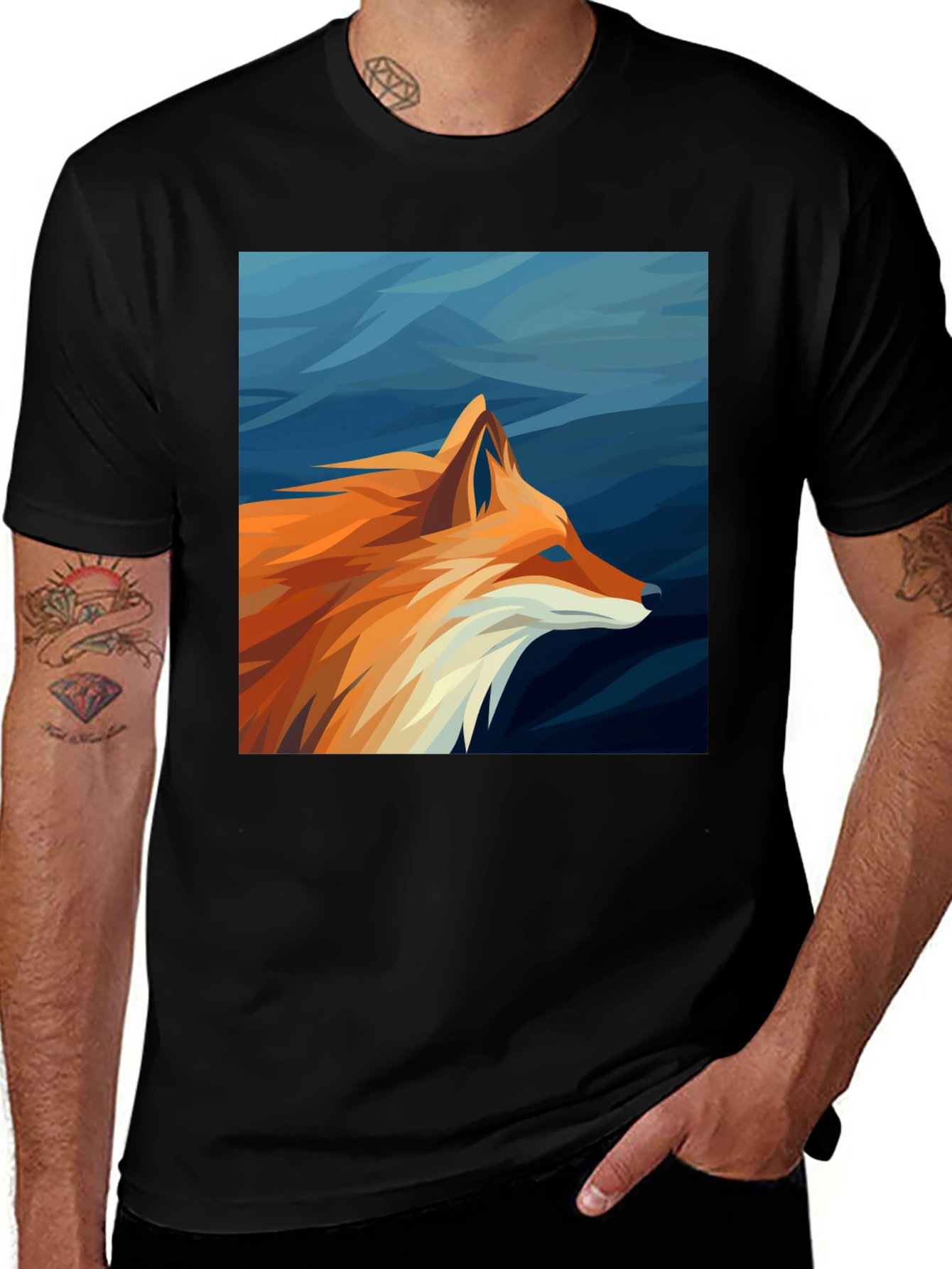 Geometric Fox Graphic Tee - Black Cotton Comfort