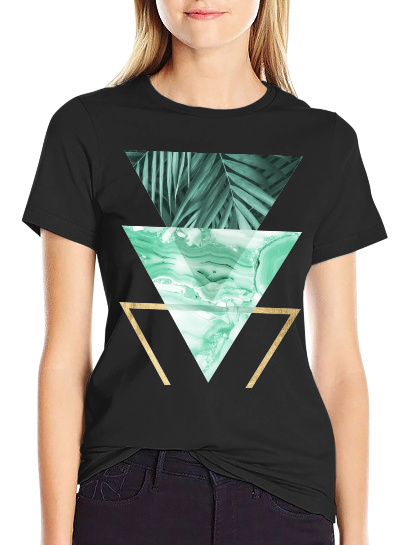Geometric Triangles Graphic Print Tee - Black