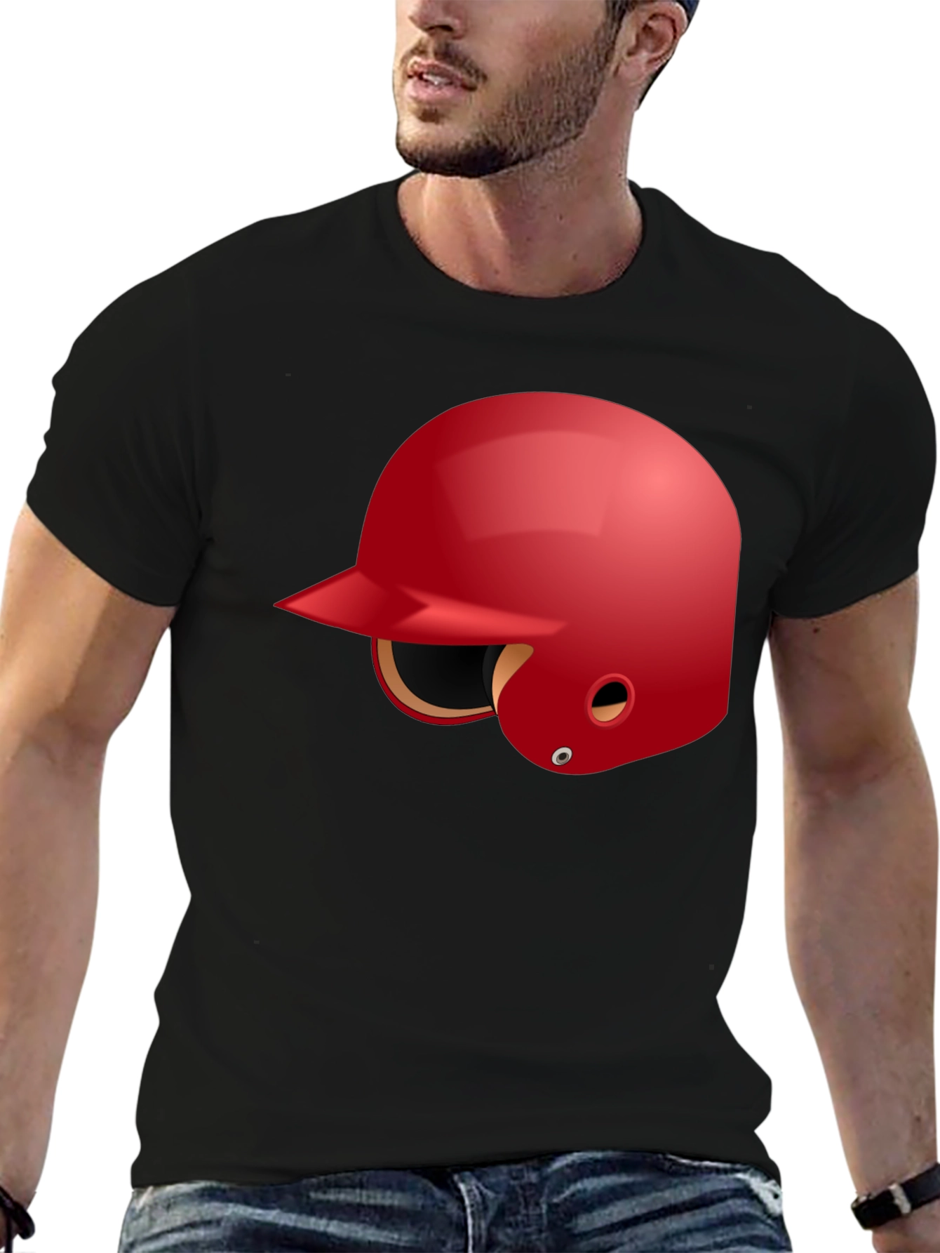 Baseball Helmet Graphic Tee - Black Cotton T-Shirt