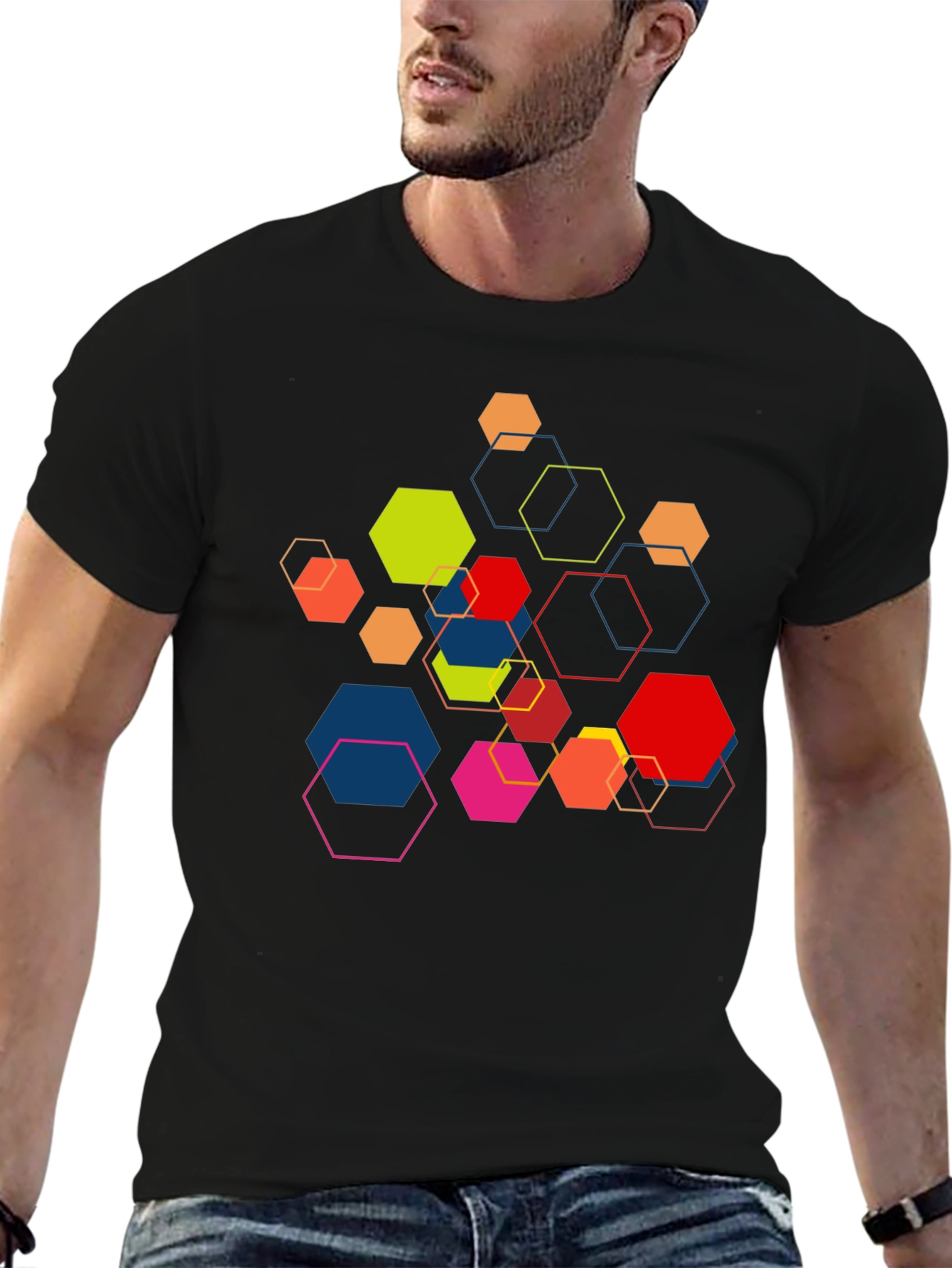Geometric Hexagon Graphic Print Black Tee