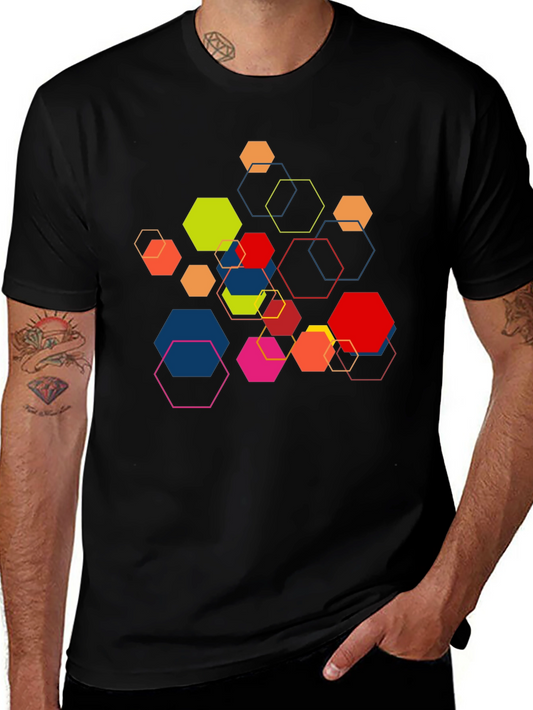 Geometric Hexagon Graphic Print Black Tee