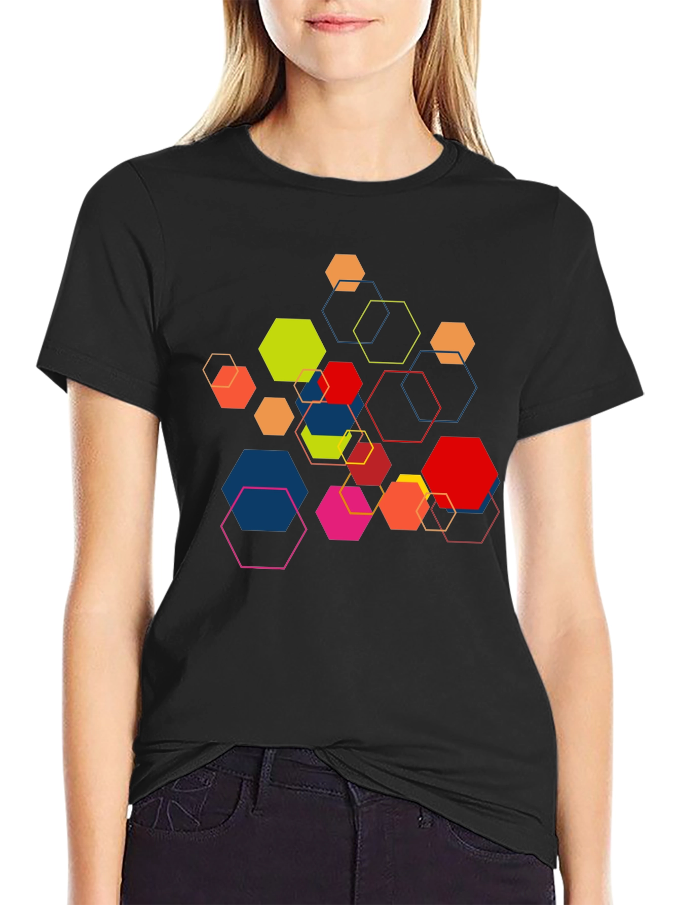 Geometric Hexagon Graphic Print Black Tee
