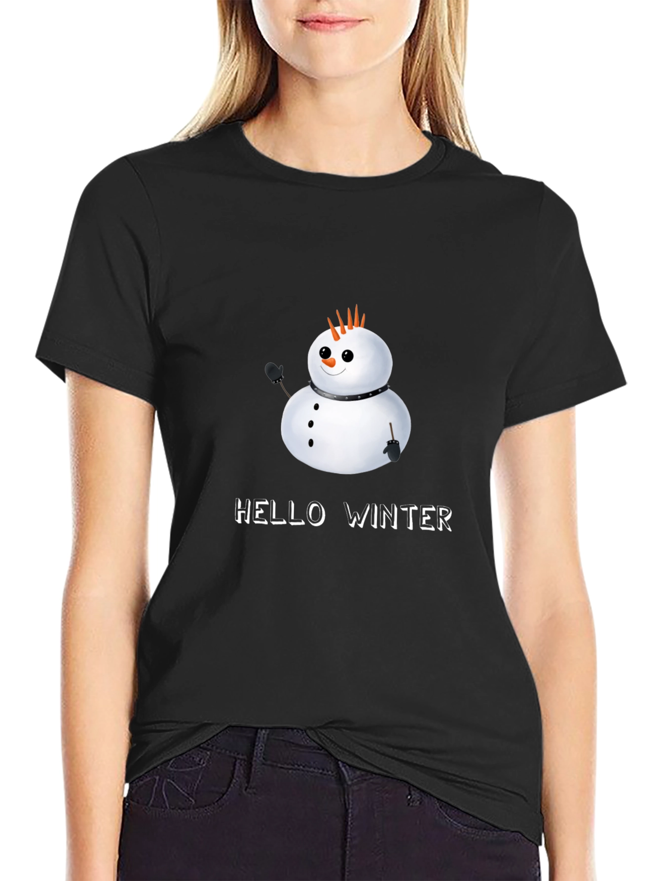 Hello Winter Snowman Black T-Shirt