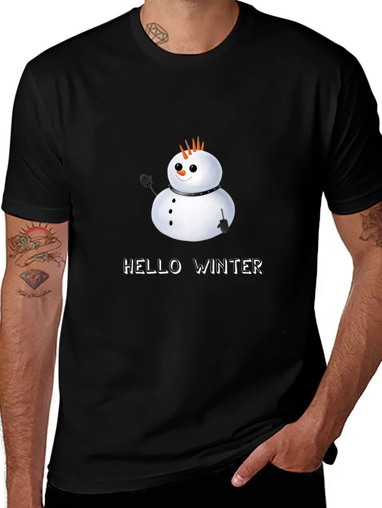 Hello Winter Snowman Black T-Shirt