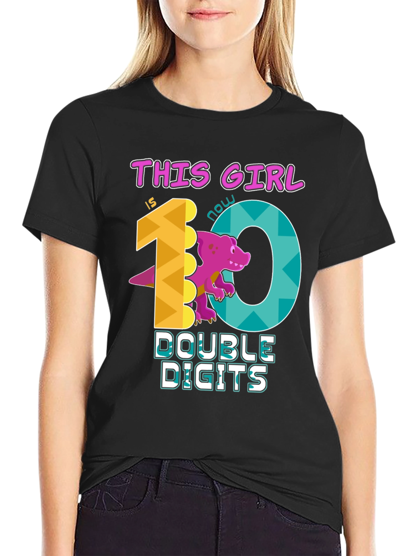 Girls 10th Birthday T-Shirt - Double Digits Dinosaur Tee