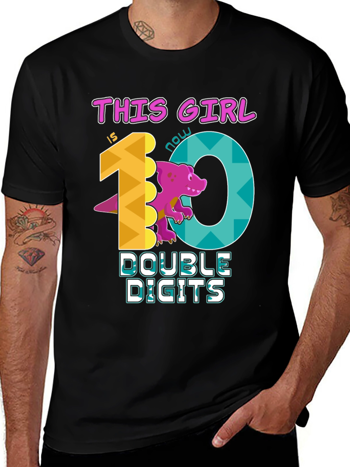 Girls 10th Birthday T-Shirt - Double Digits Dinosaur Tee