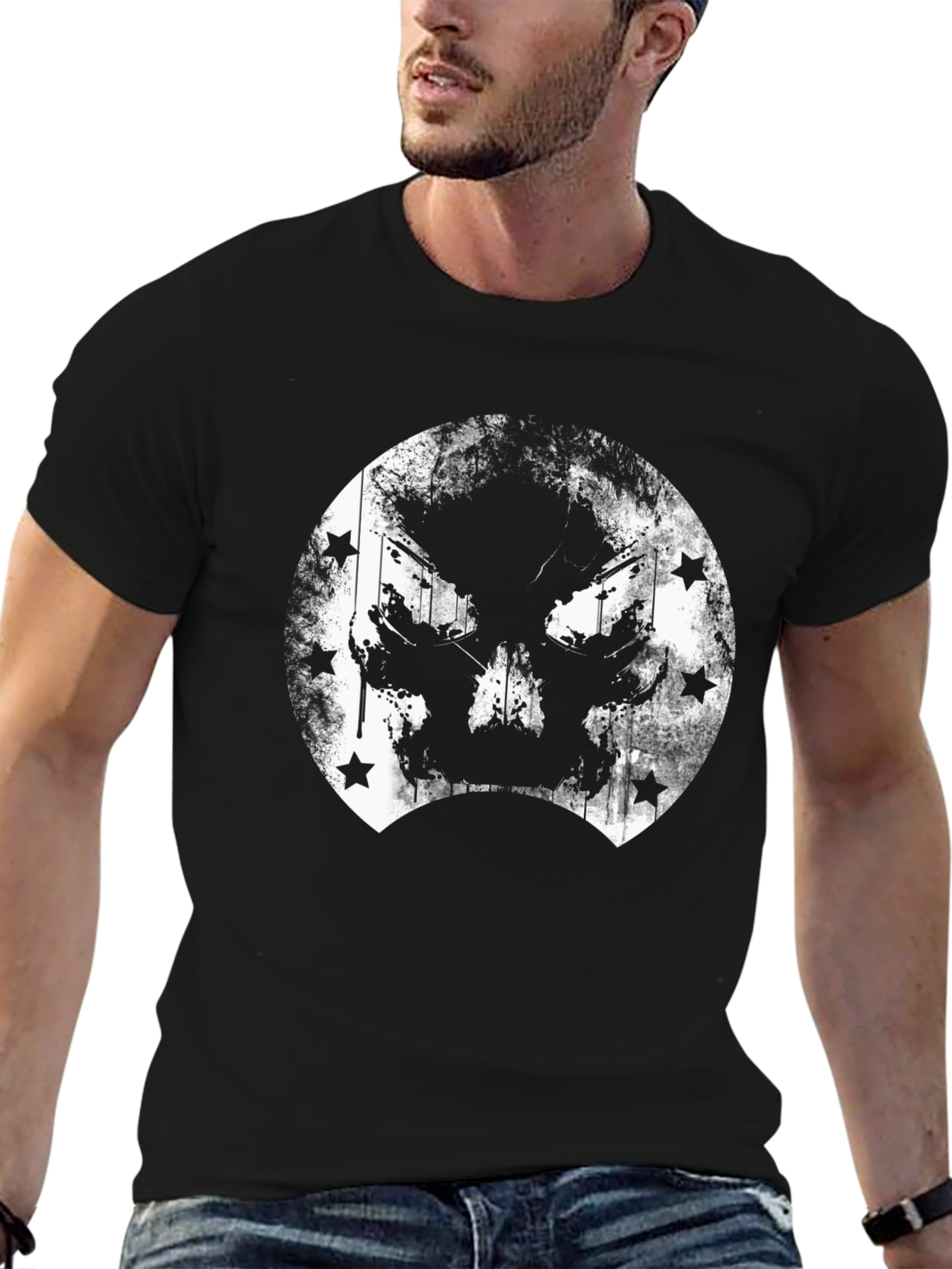 Grunge Skull & Stars Graphic T-Shirt