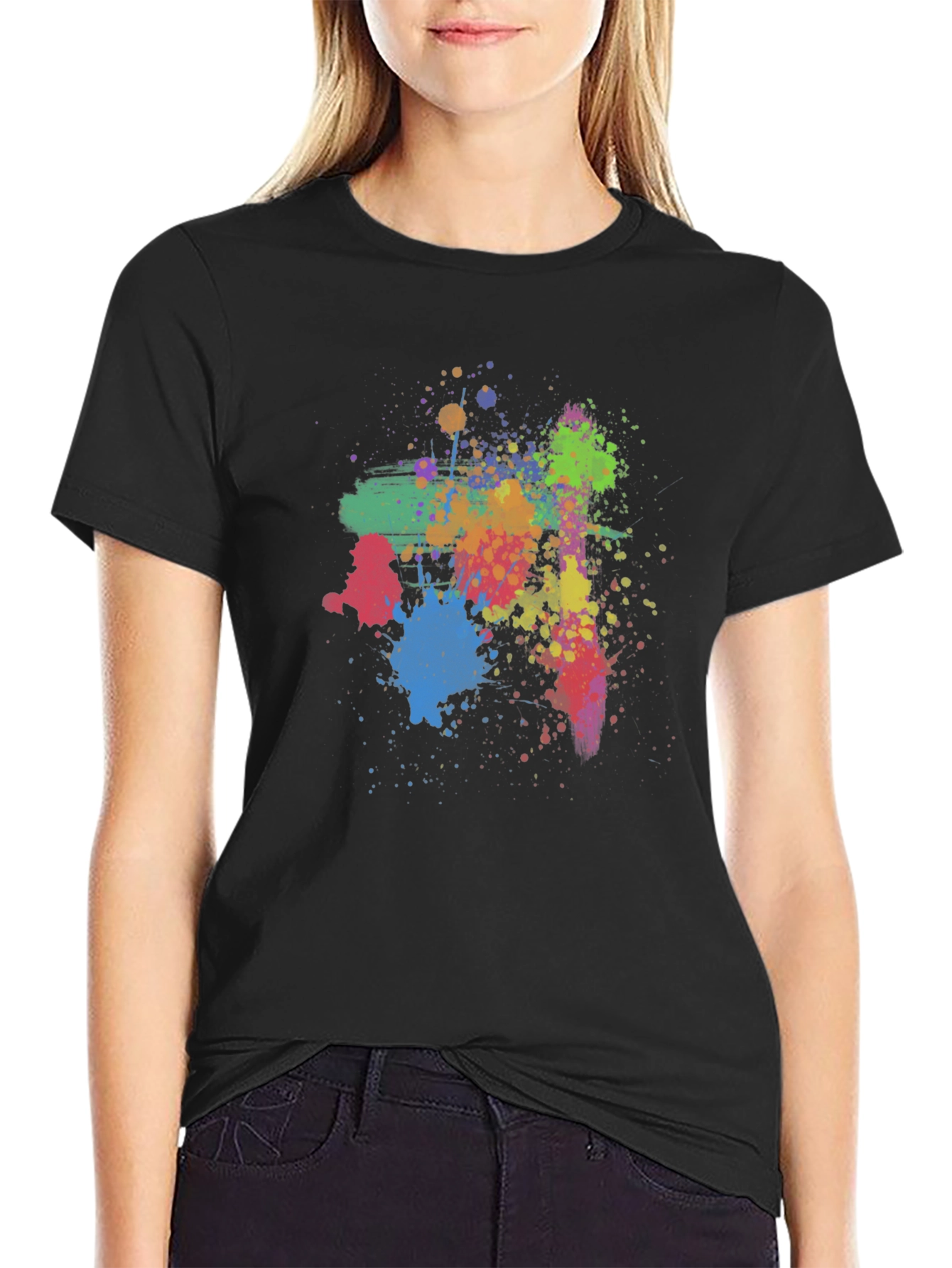 Abstract Paint Splatter Graphic Tee - Casual Black T-Shirt