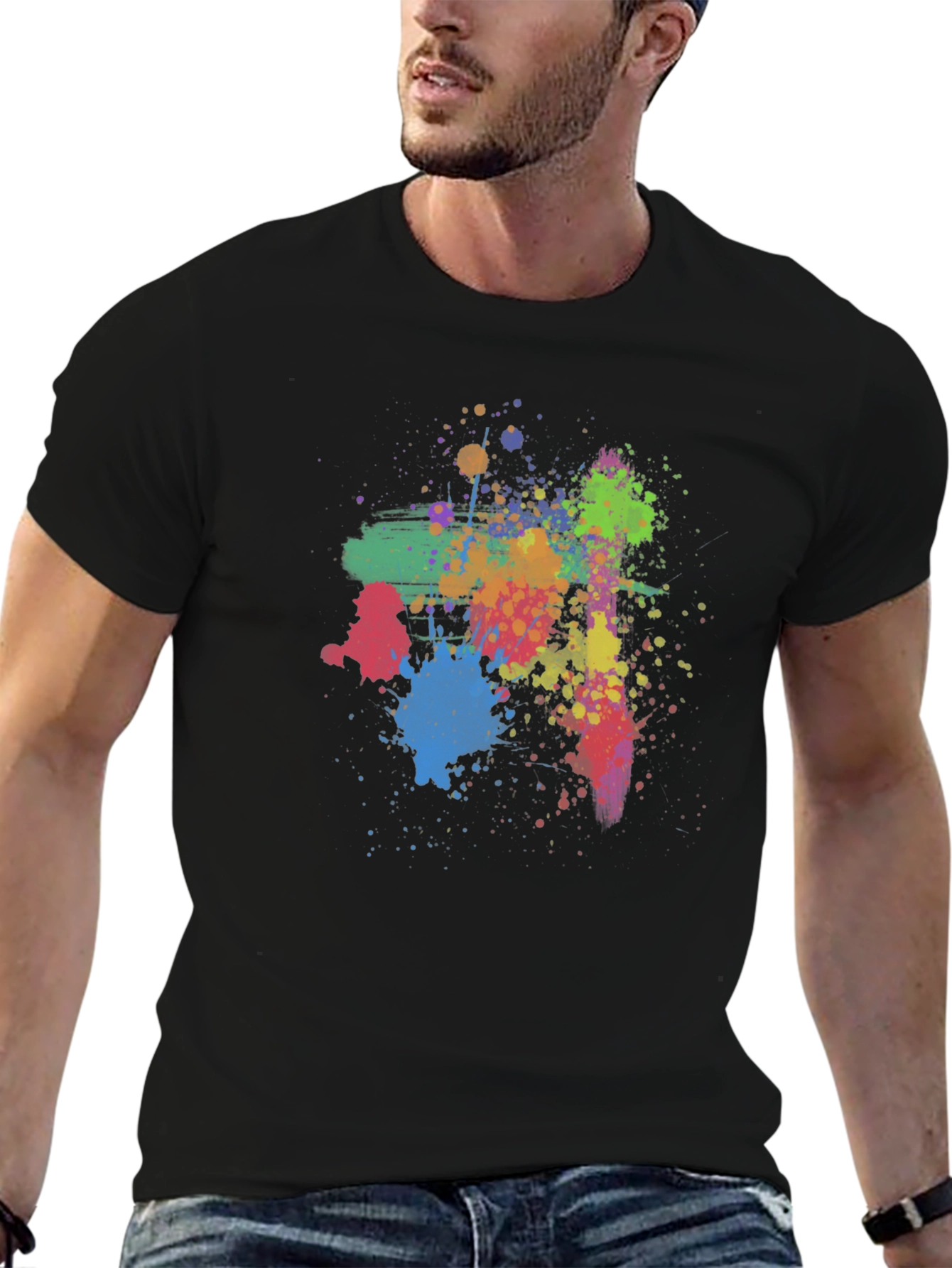 Abstract Paint Splatter Graphic Tee - Casual Black T-Shirt