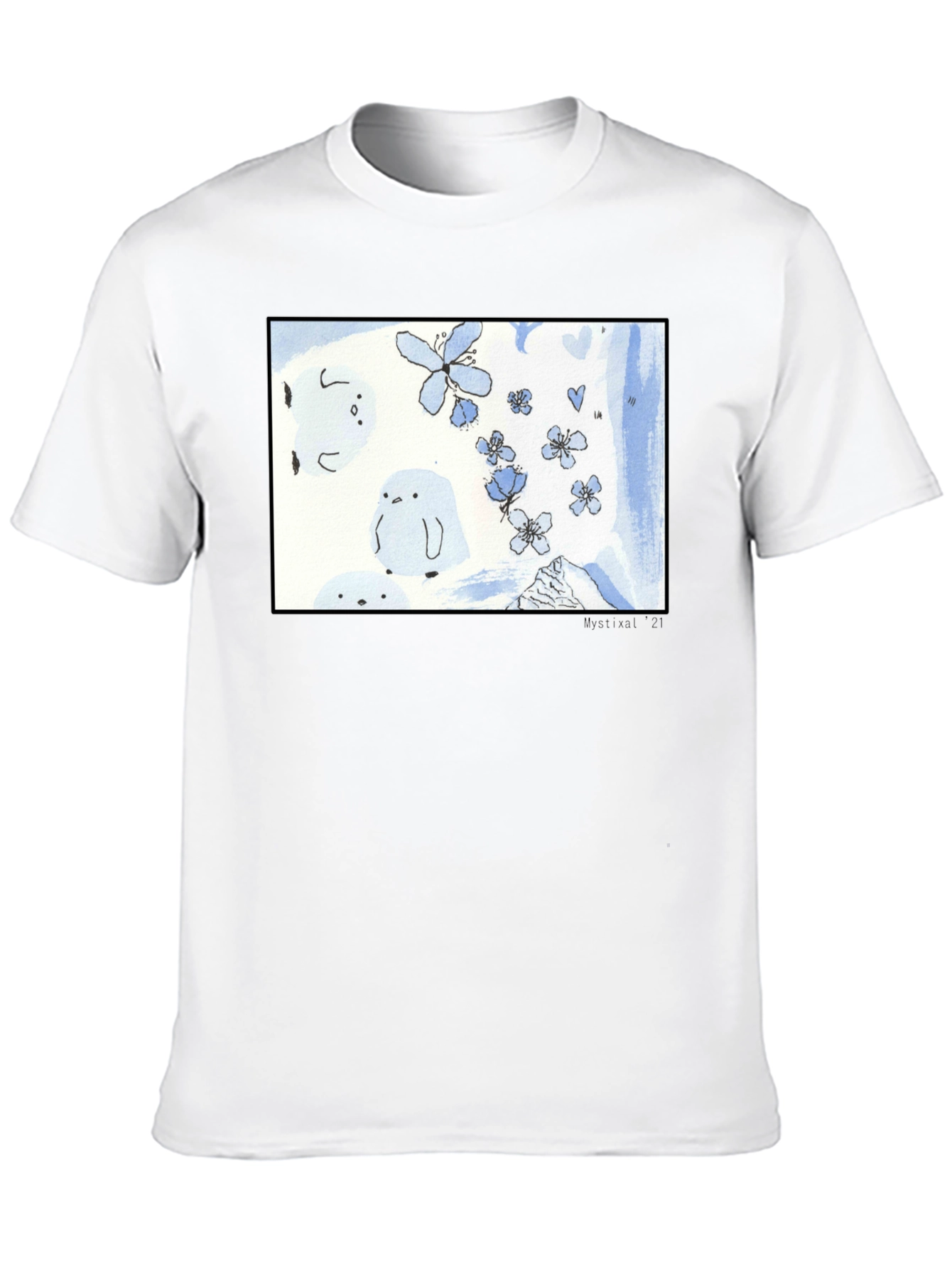 Artistic Black T-Shirt with Floral Penguin Design