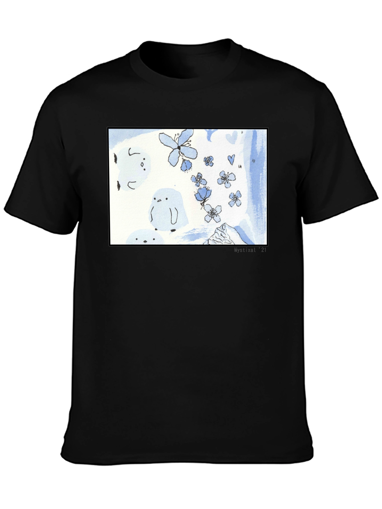 Artistic Black T-Shirt with Floral Penguin Design