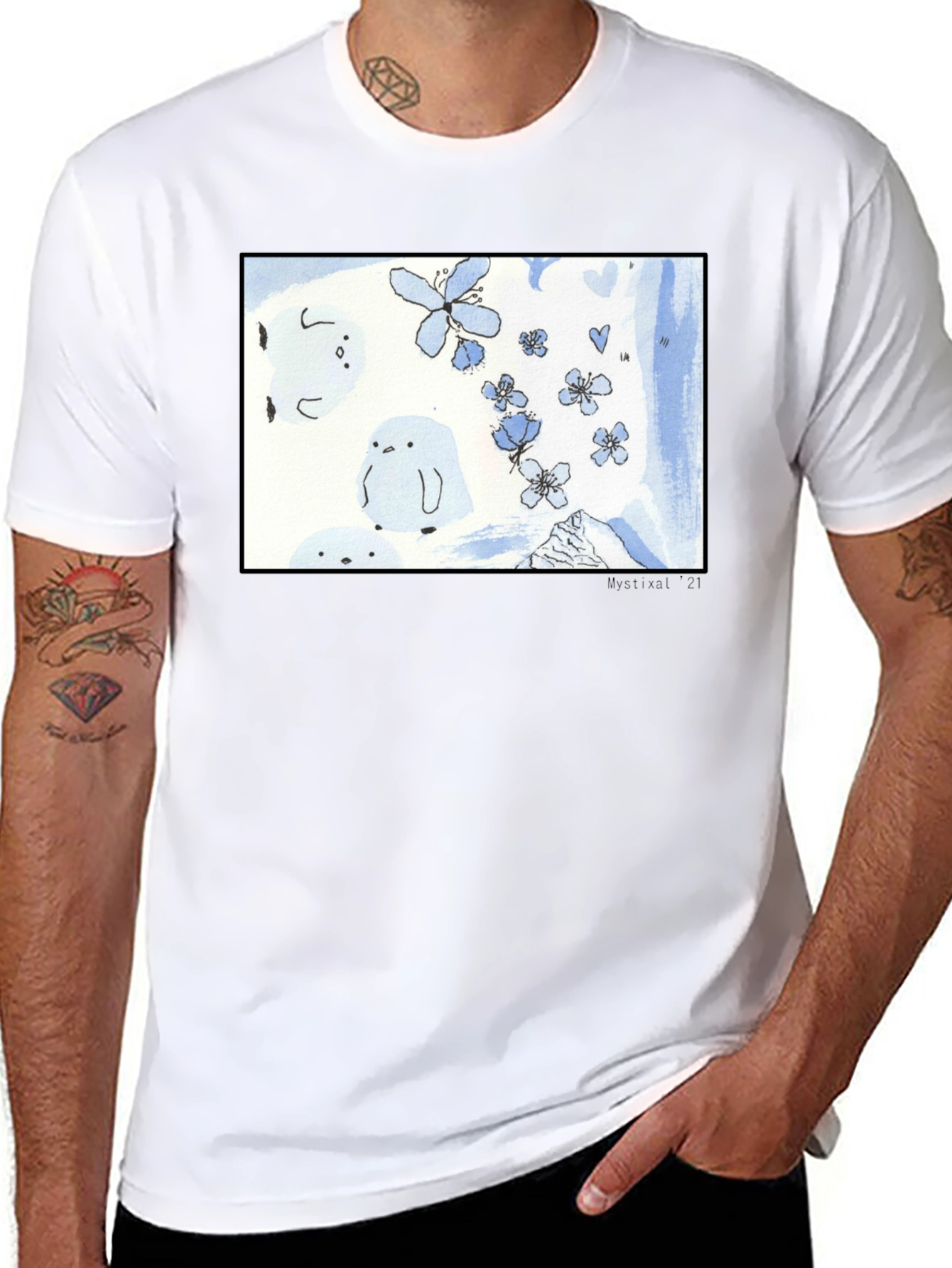 Artistic Black T-Shirt with Floral Penguin Design