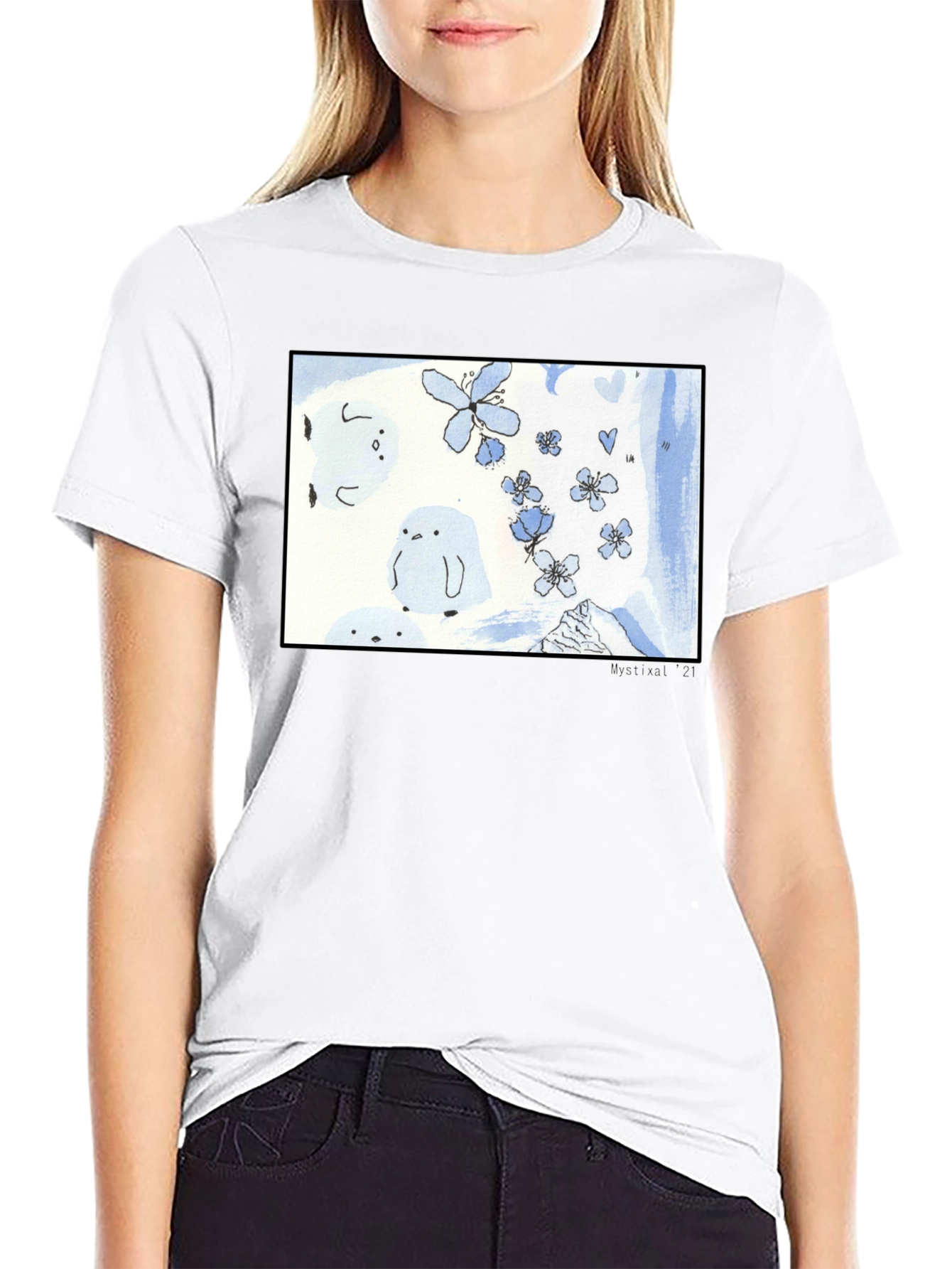 Artistic Black T-Shirt with Floral Penguin Design