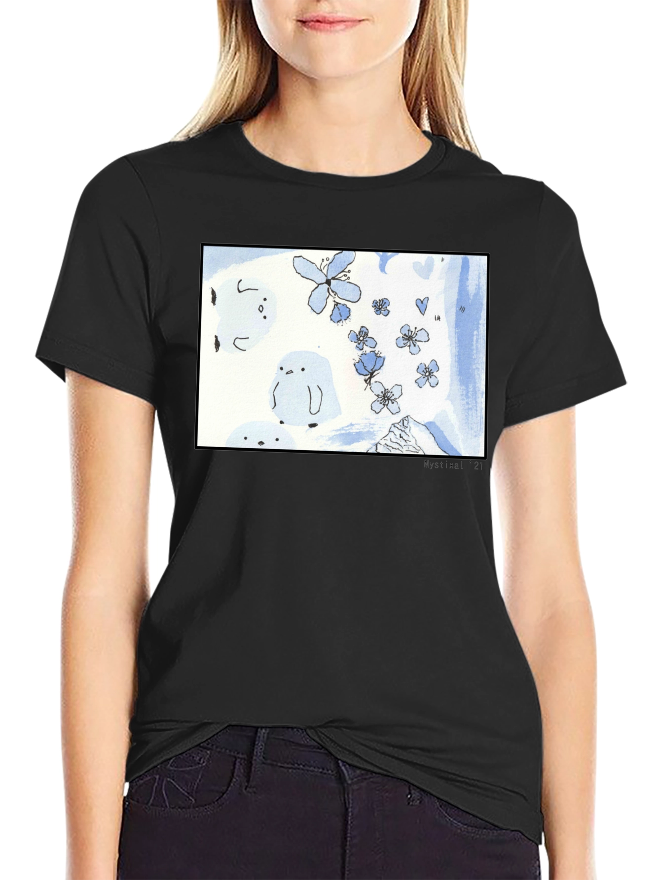 Artistic Black T-Shirt with Floral Penguin Design