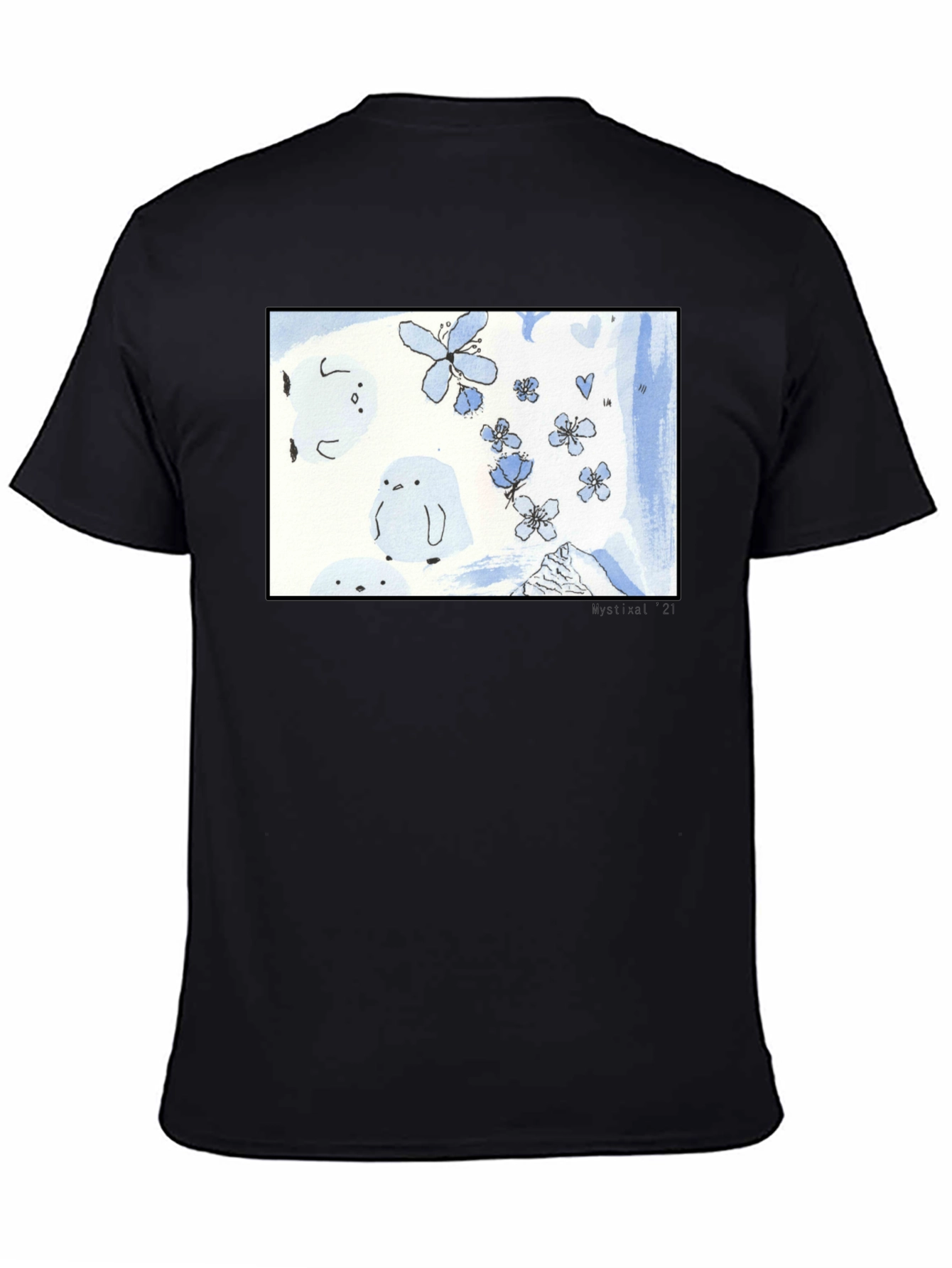 Artistic Black T-Shirt with Floral Penguin Design