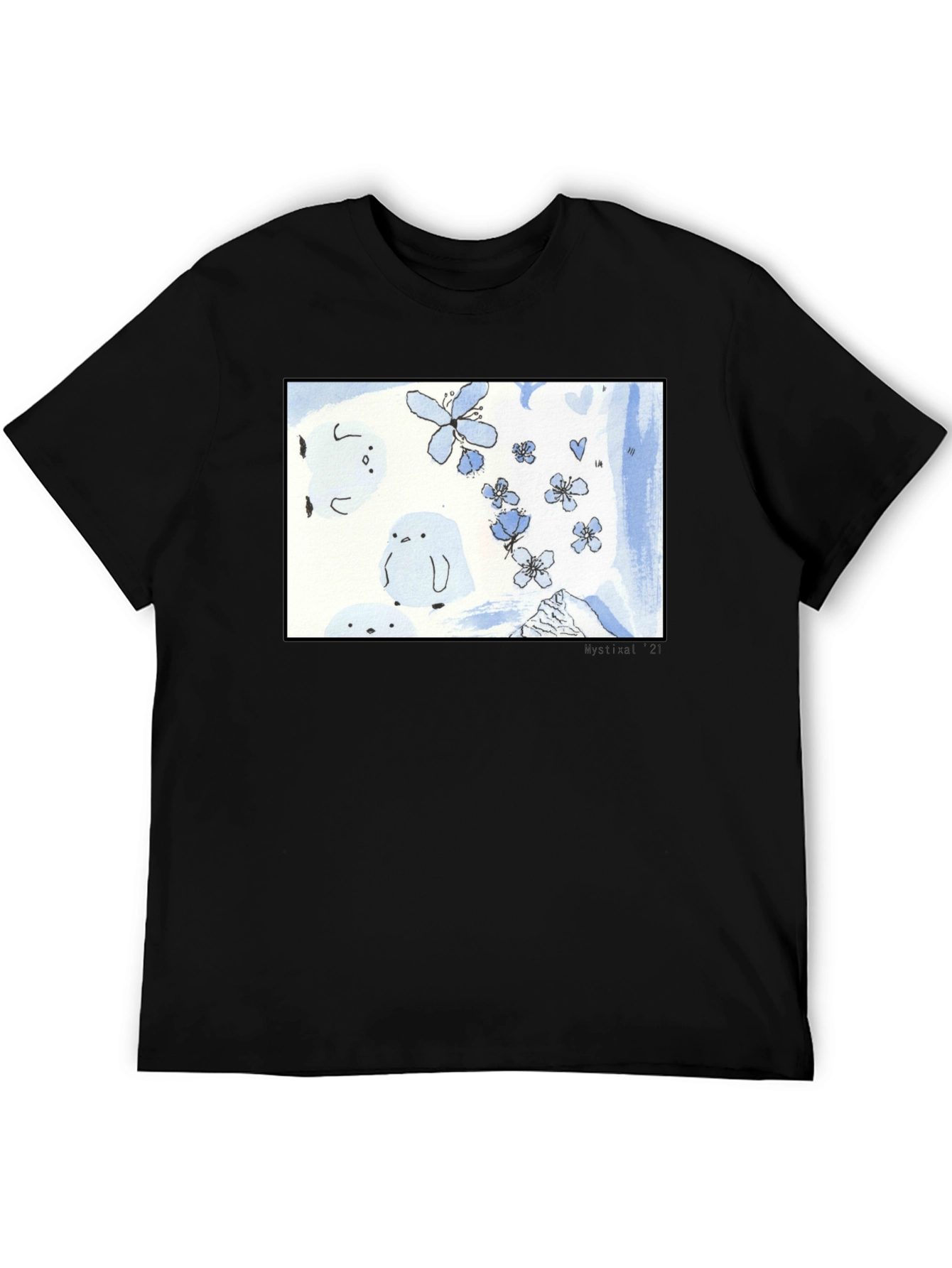 Artistic Black T-Shirt with Floral Penguin Design