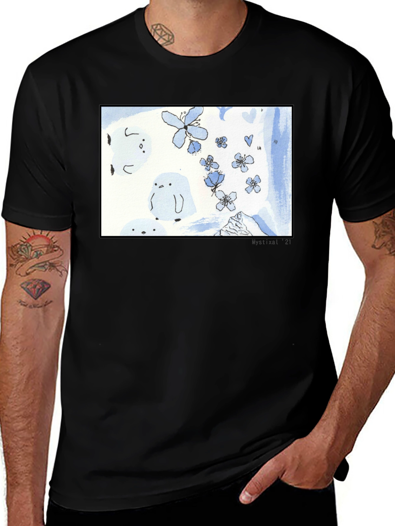 Artistic Black T-Shirt with Floral Penguin Design