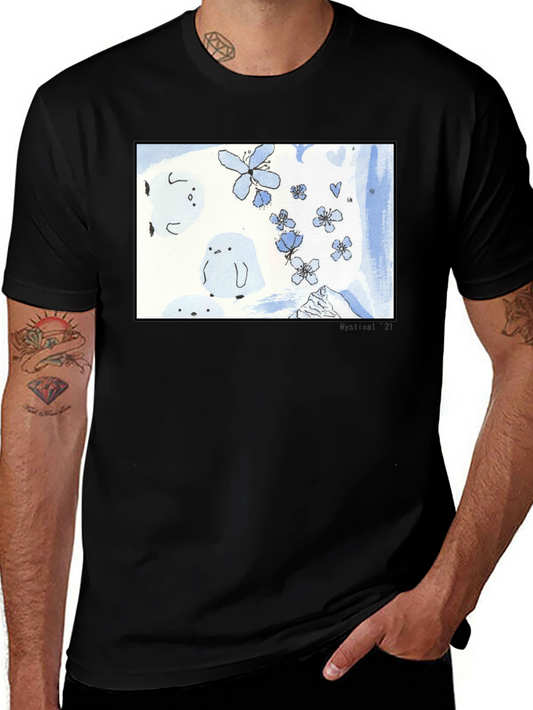 Artistic Black T-Shirt with Floral Penguin Design