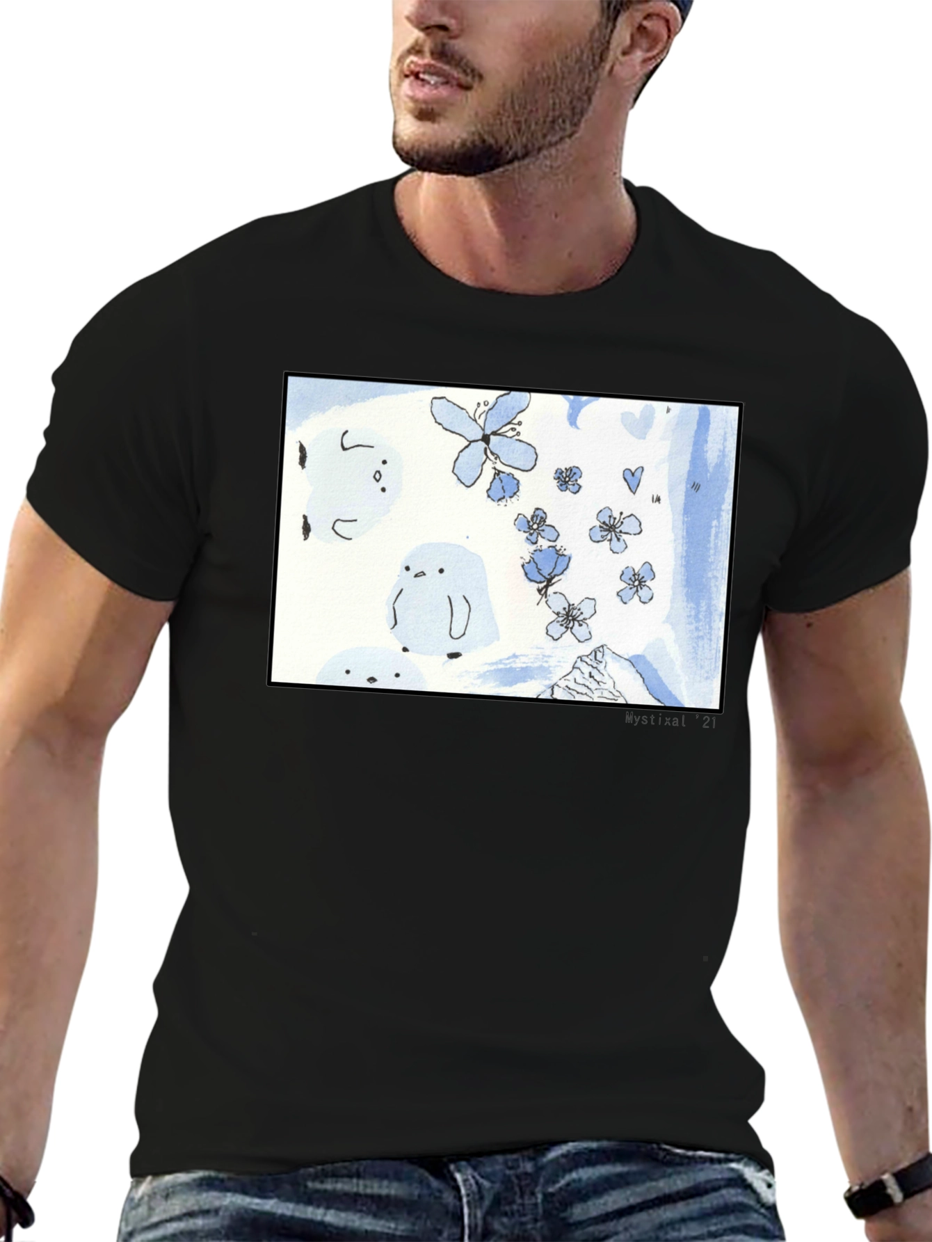Artistic Black T-Shirt with Floral Penguin Design