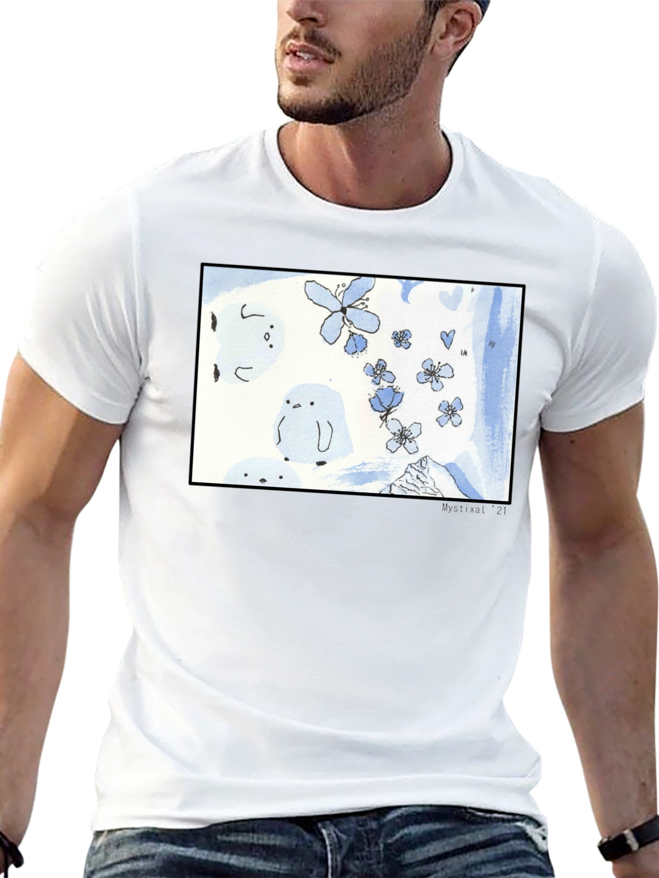 Artistic Black T-Shirt with Floral Penguin Design