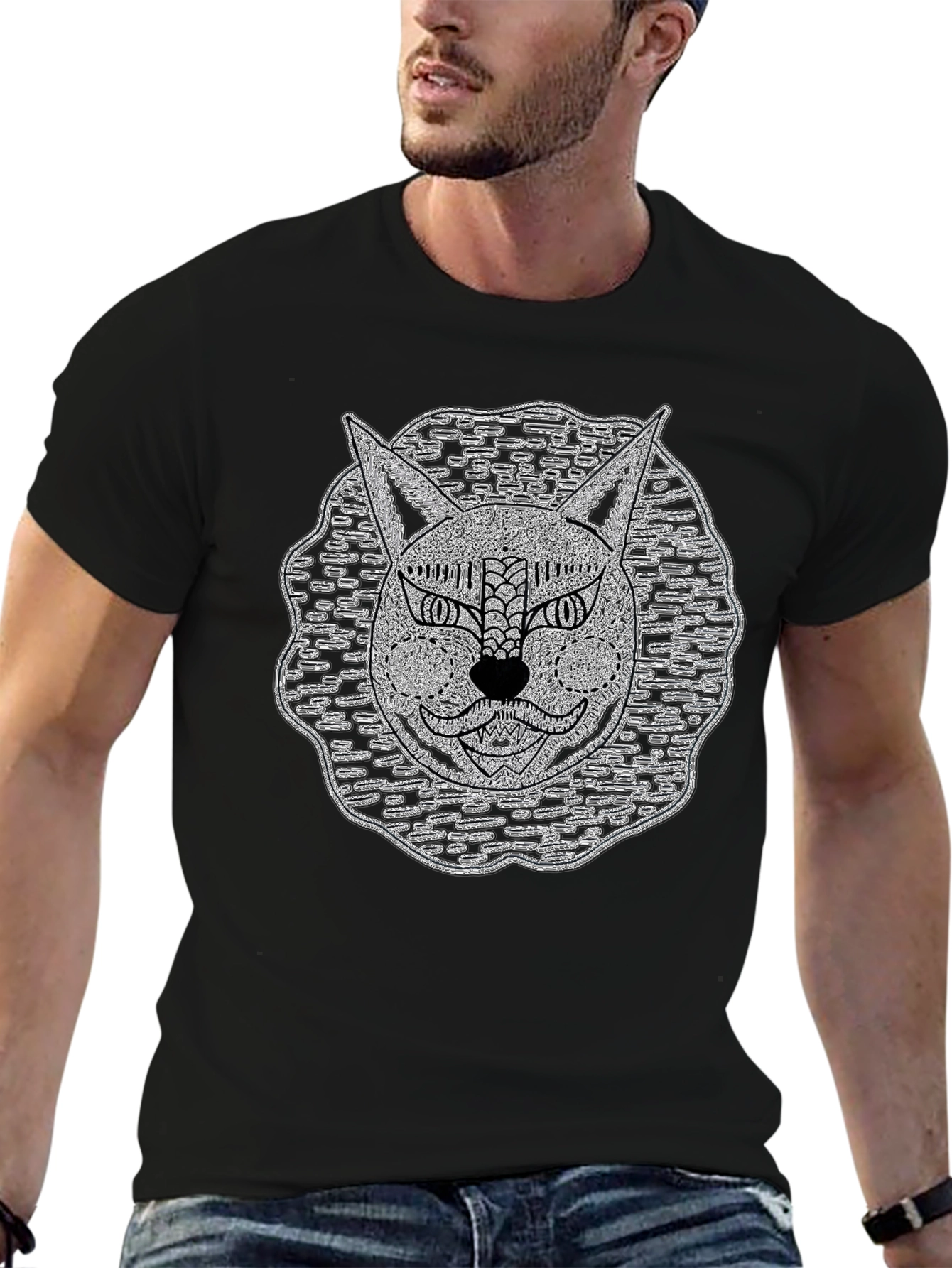 Abstract Cat Face Black T-Shirt