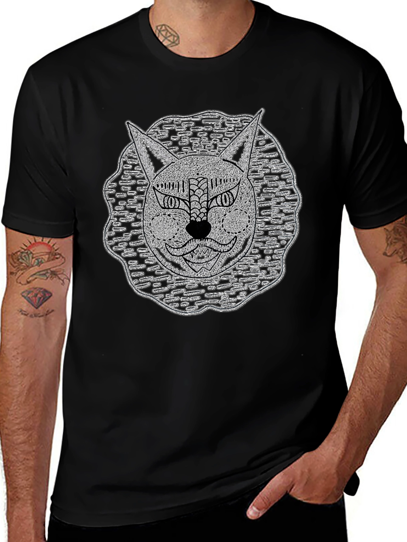 Abstract Cat Face Black T-Shirt