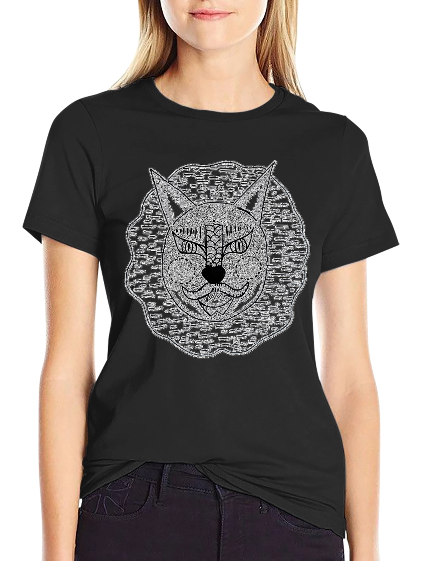 Abstract Cat Face Black T-Shirt