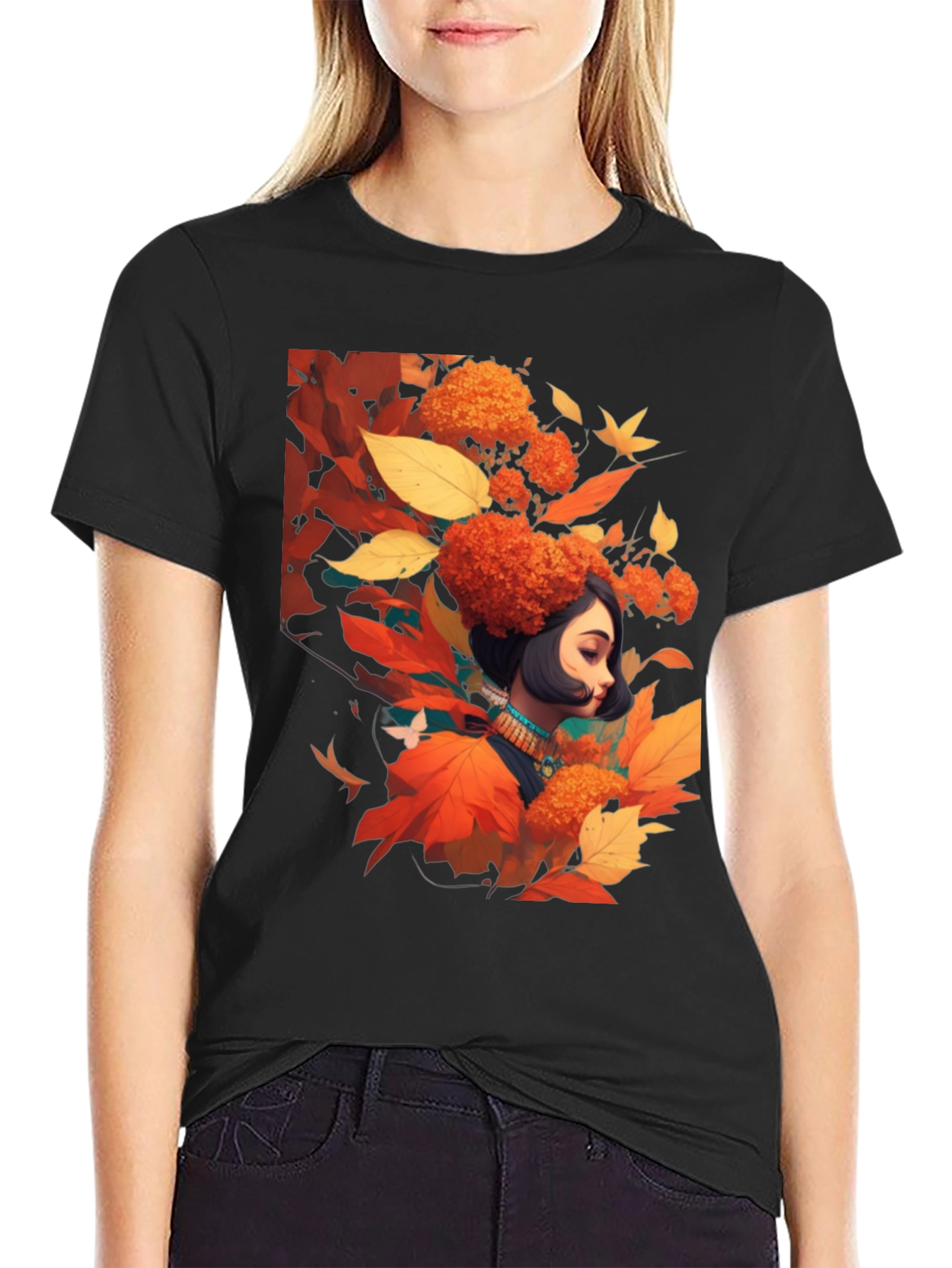Autumnal Woman Graphic Black Tee