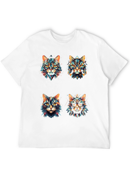 Geometric Cat Faces Graphic Print T-Shirt