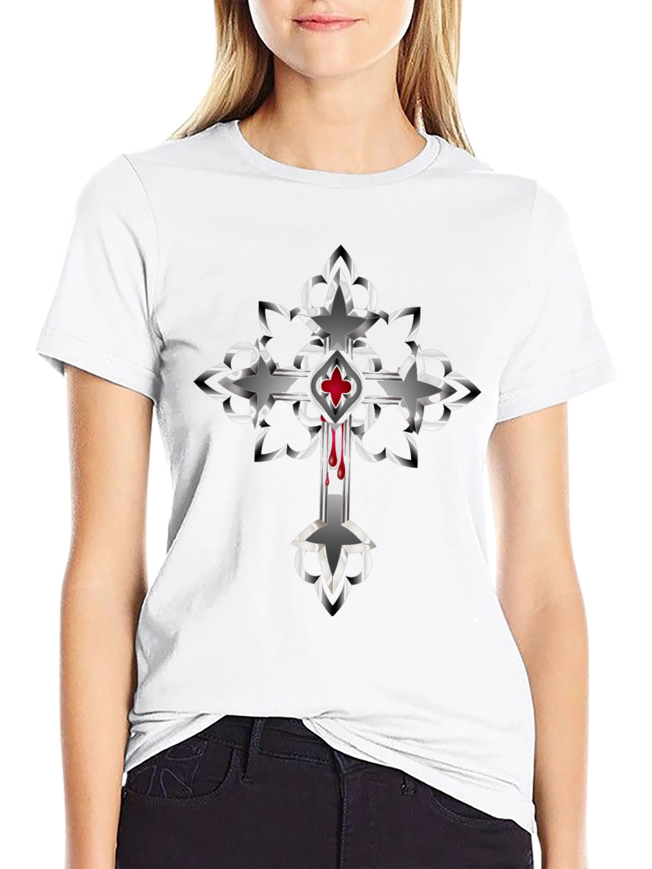 Gothic Cross Graphic Tee - Edgy Style