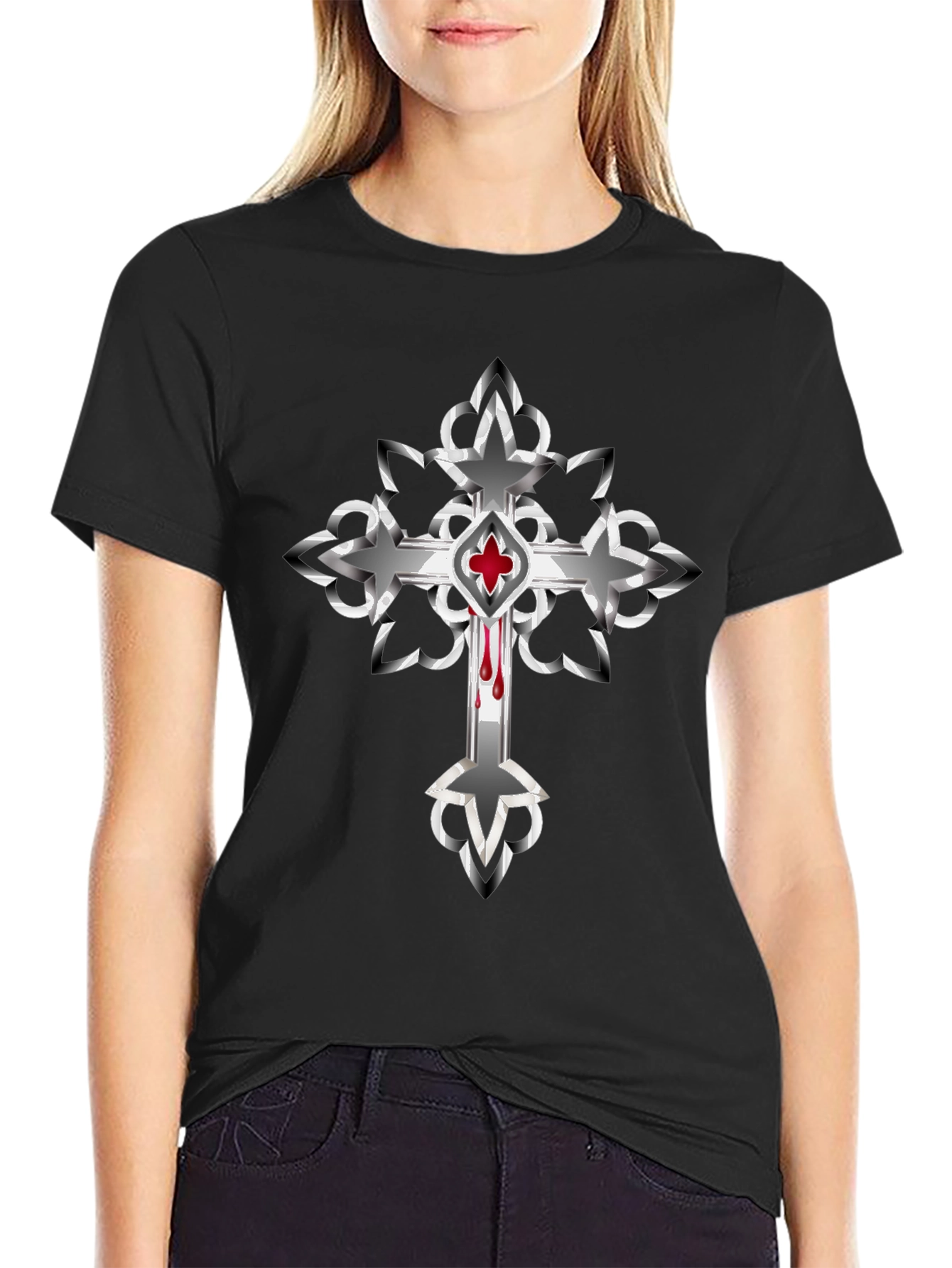 Gothic Cross Graphic Tee - Edgy Style