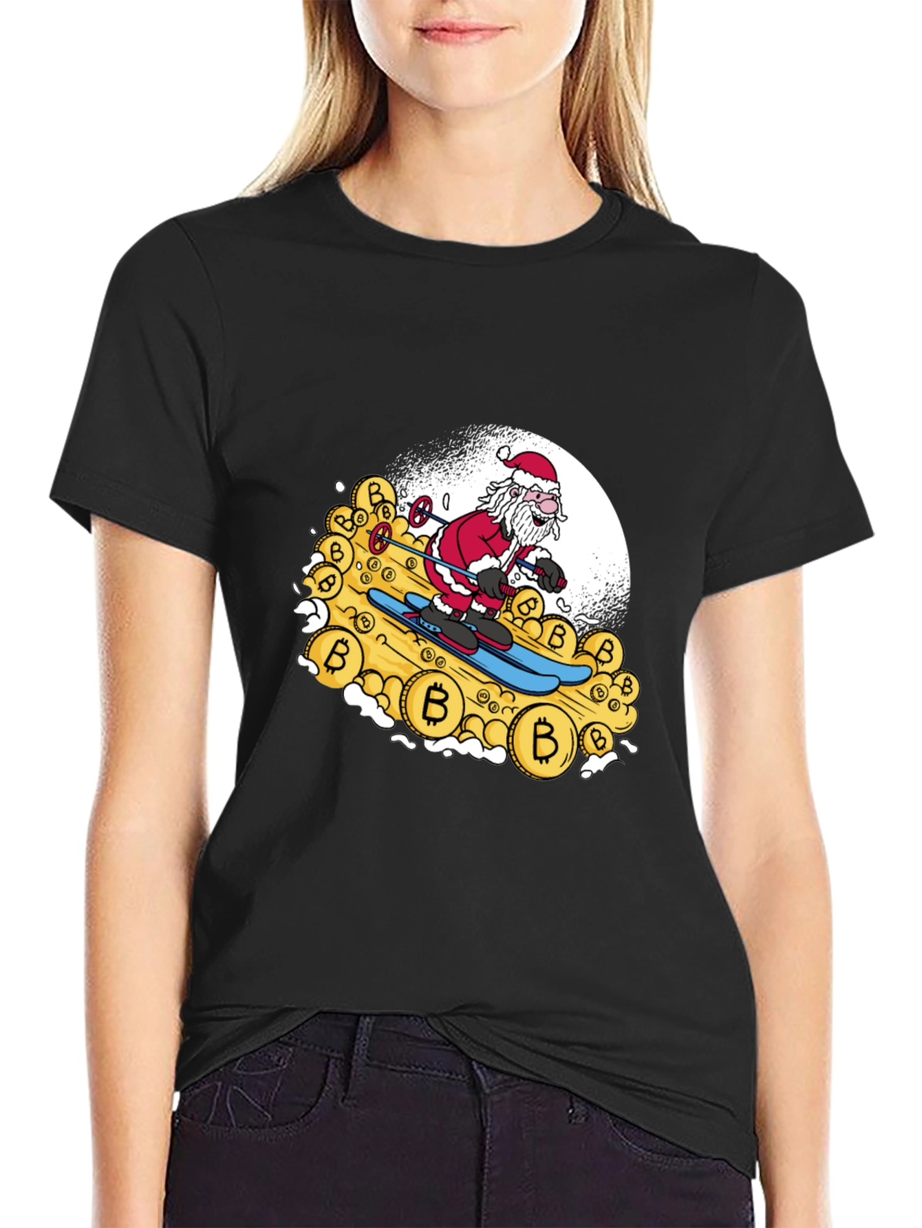 Santa Bitcoin Skiing Black Tee
