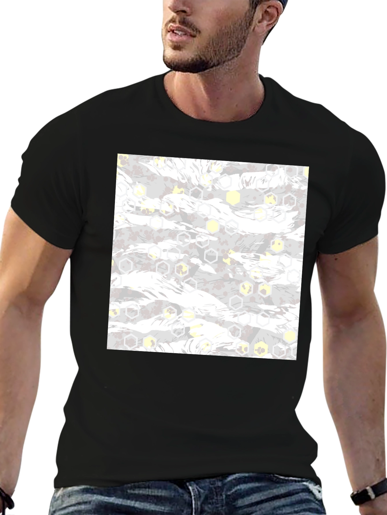 Geometric Camo Print Black Tee