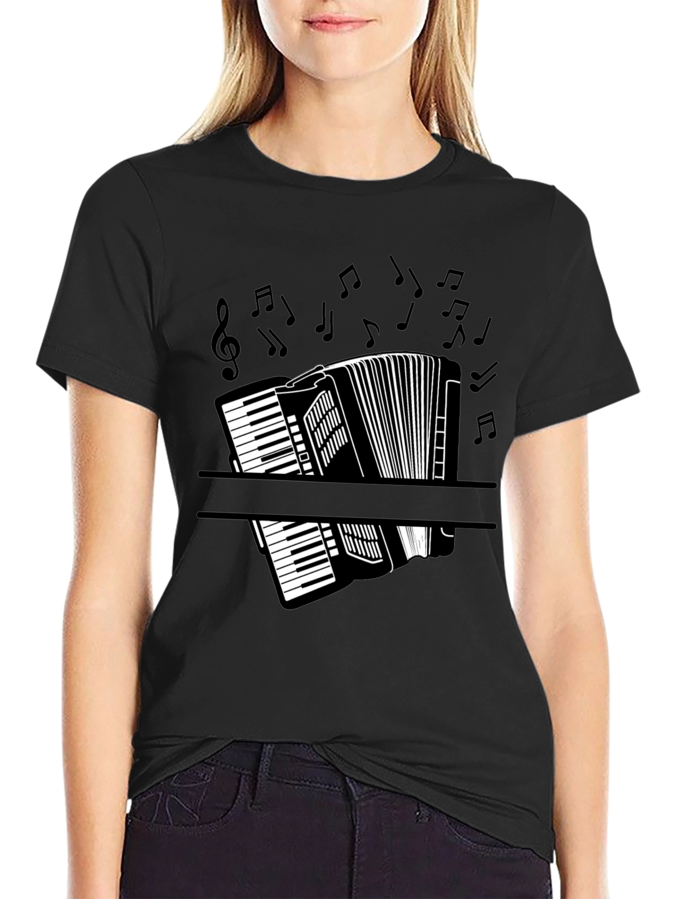 Accordion Music Notes Graphic Black T-Shirt