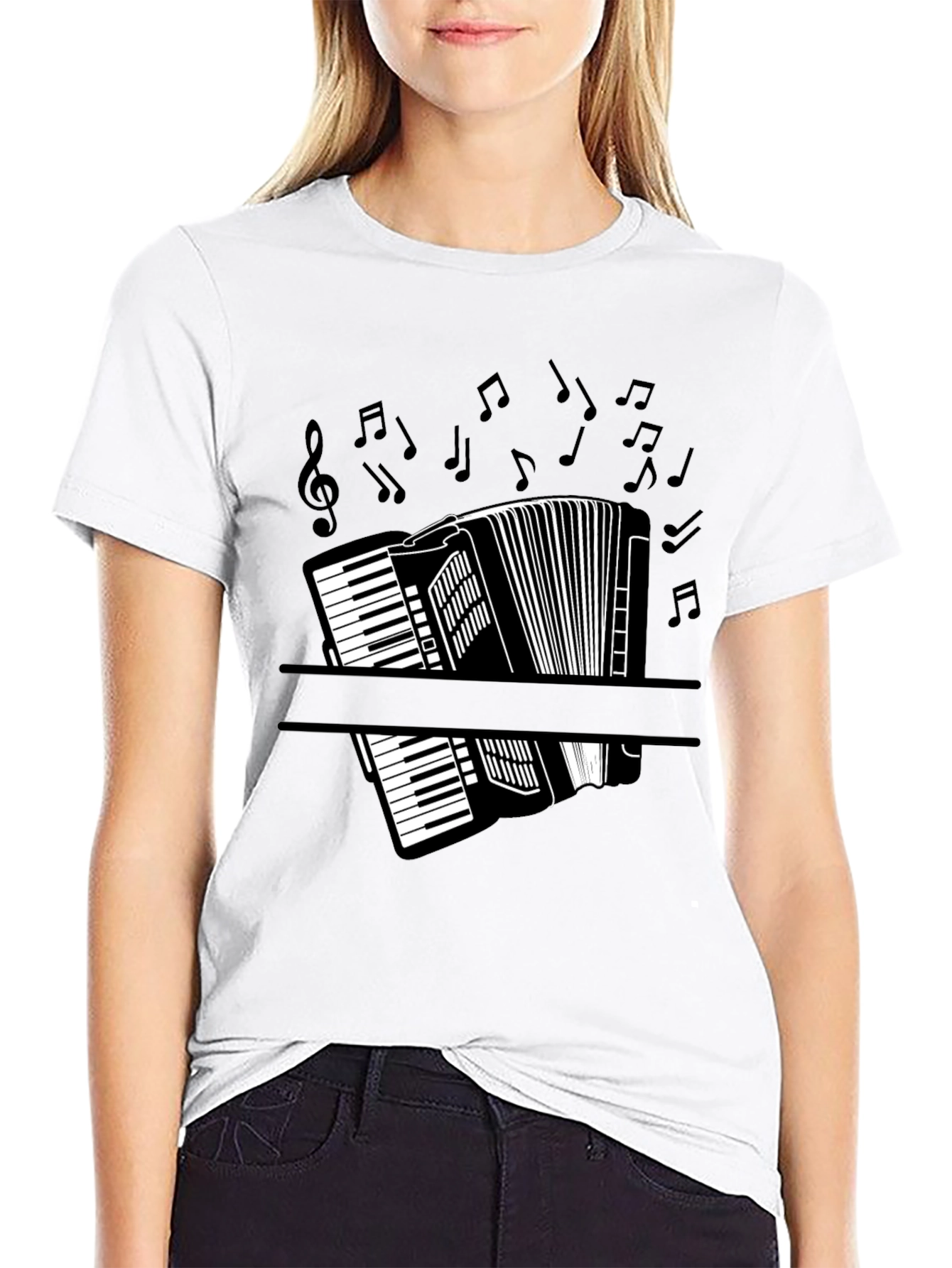 Accordion Music Notes Graphic Black T-Shirt