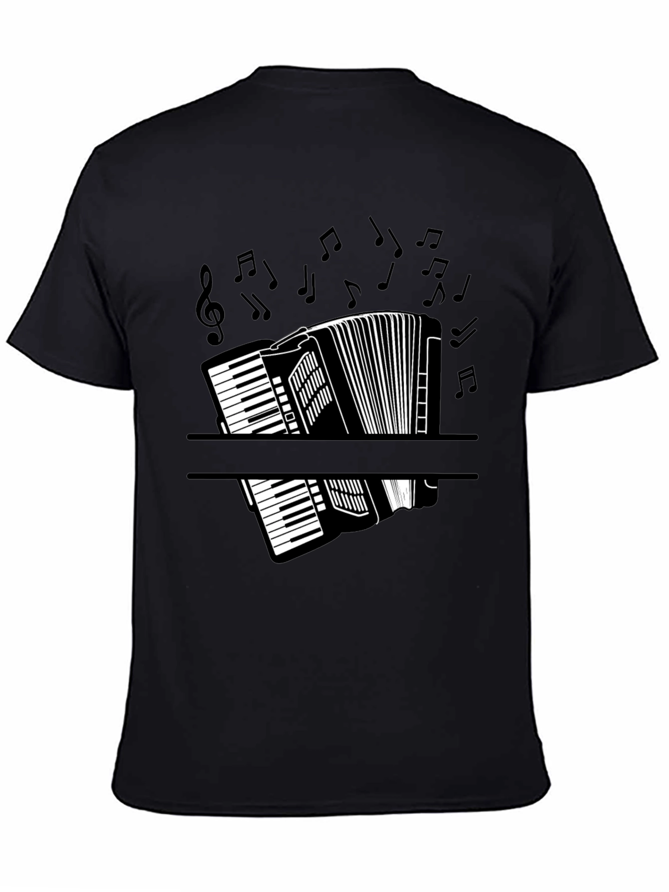 Accordion Music Notes Graphic Black T-Shirt