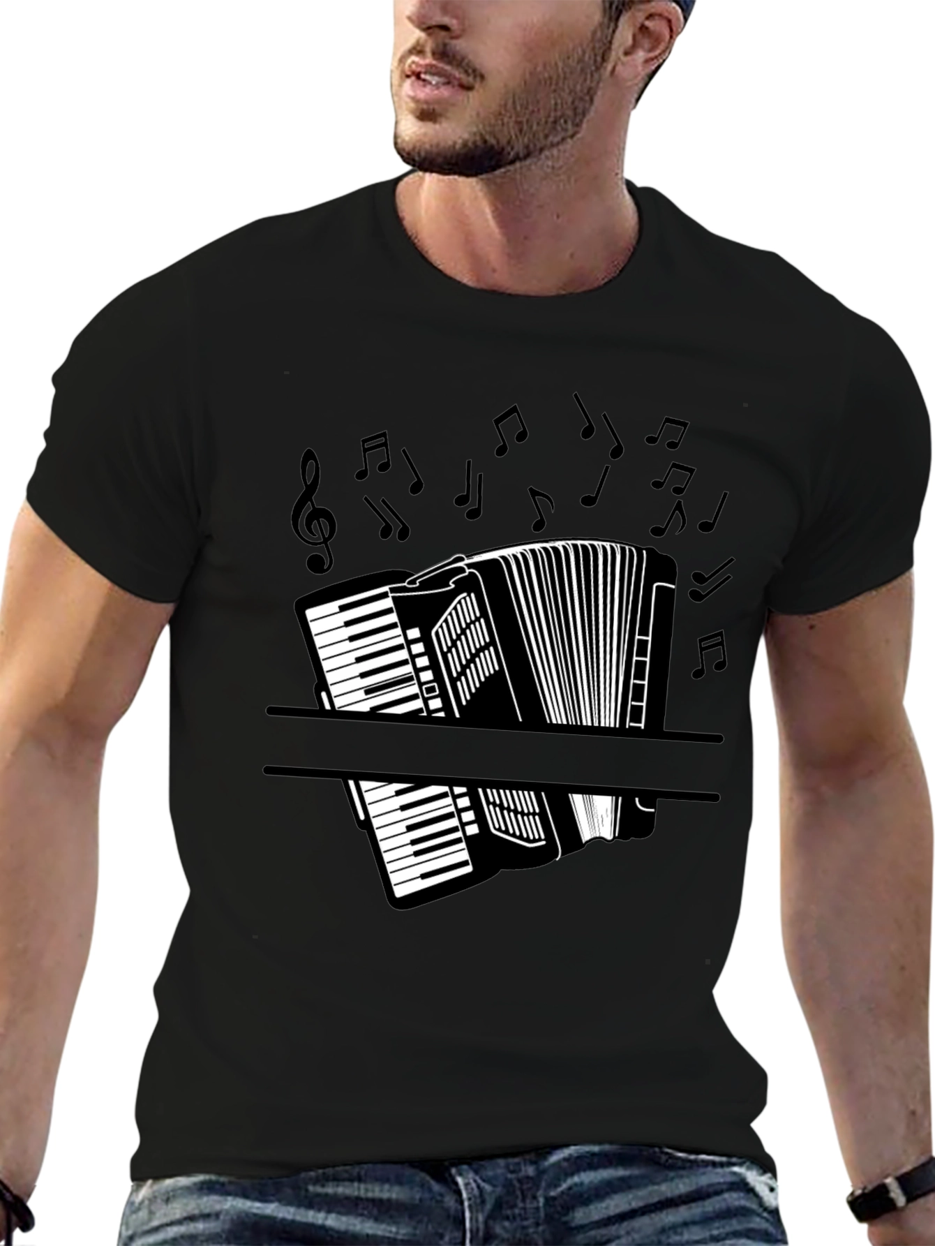 Accordion Music Notes Graphic Black T-Shirt