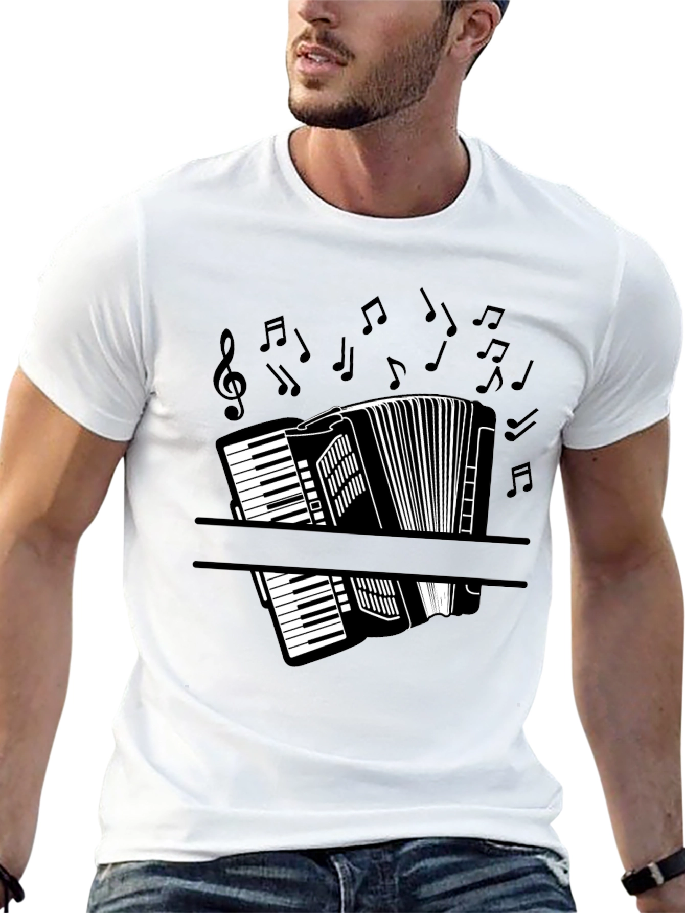 Accordion Music Notes Graphic Black T-Shirt