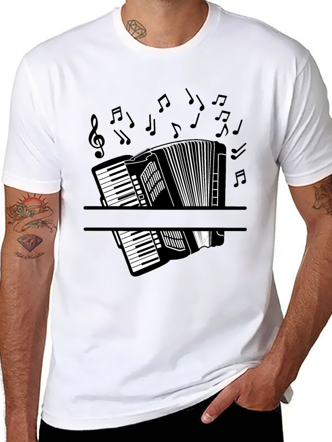Accordion Music Notes Graphic Black T-Shirt