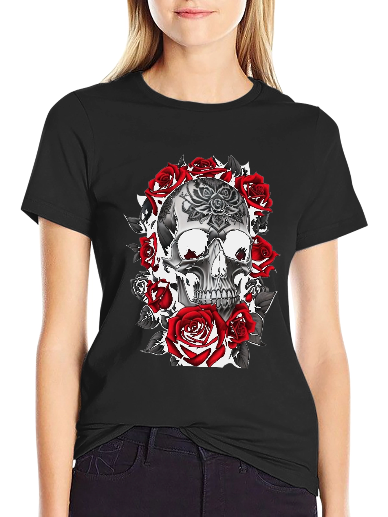 Skull & Roses Graphic Tee - Gothic Style