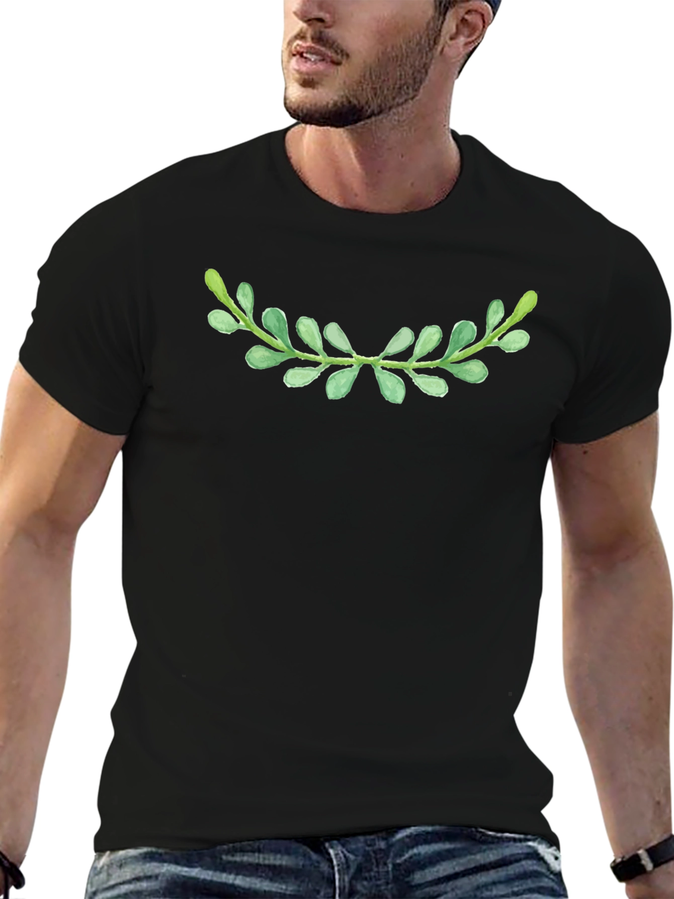Green Laurel Leaf Black T-Shirt