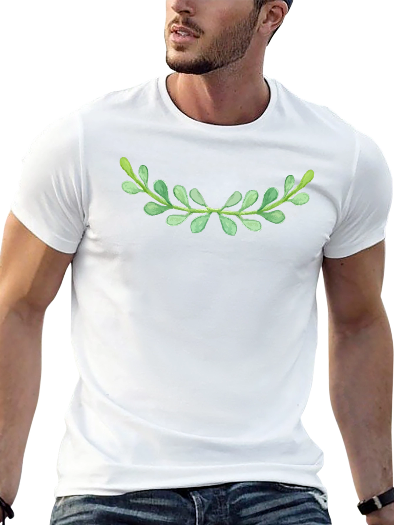 Green Laurel Leaf Black T-Shirt