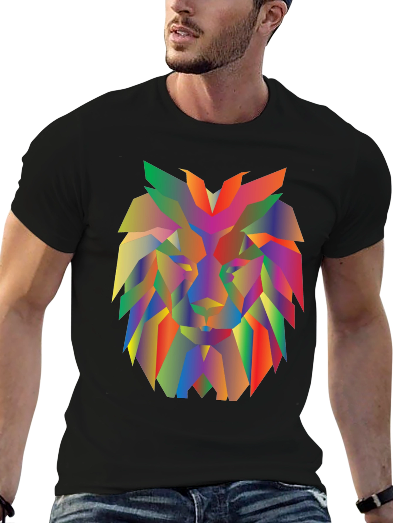 Geometric Lion Graphic Tee - Modern Mens Black T-Shirt