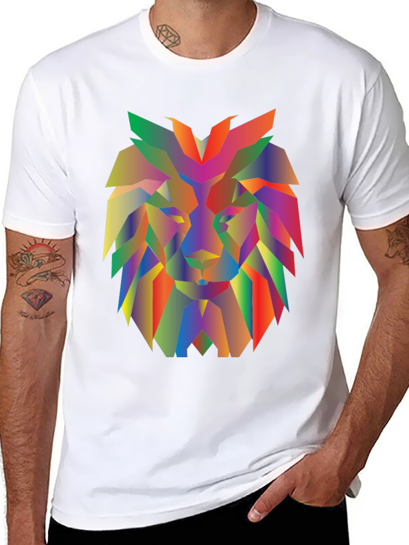 Geometric Lion Graphic Tee - Modern Mens Black T-Shirt