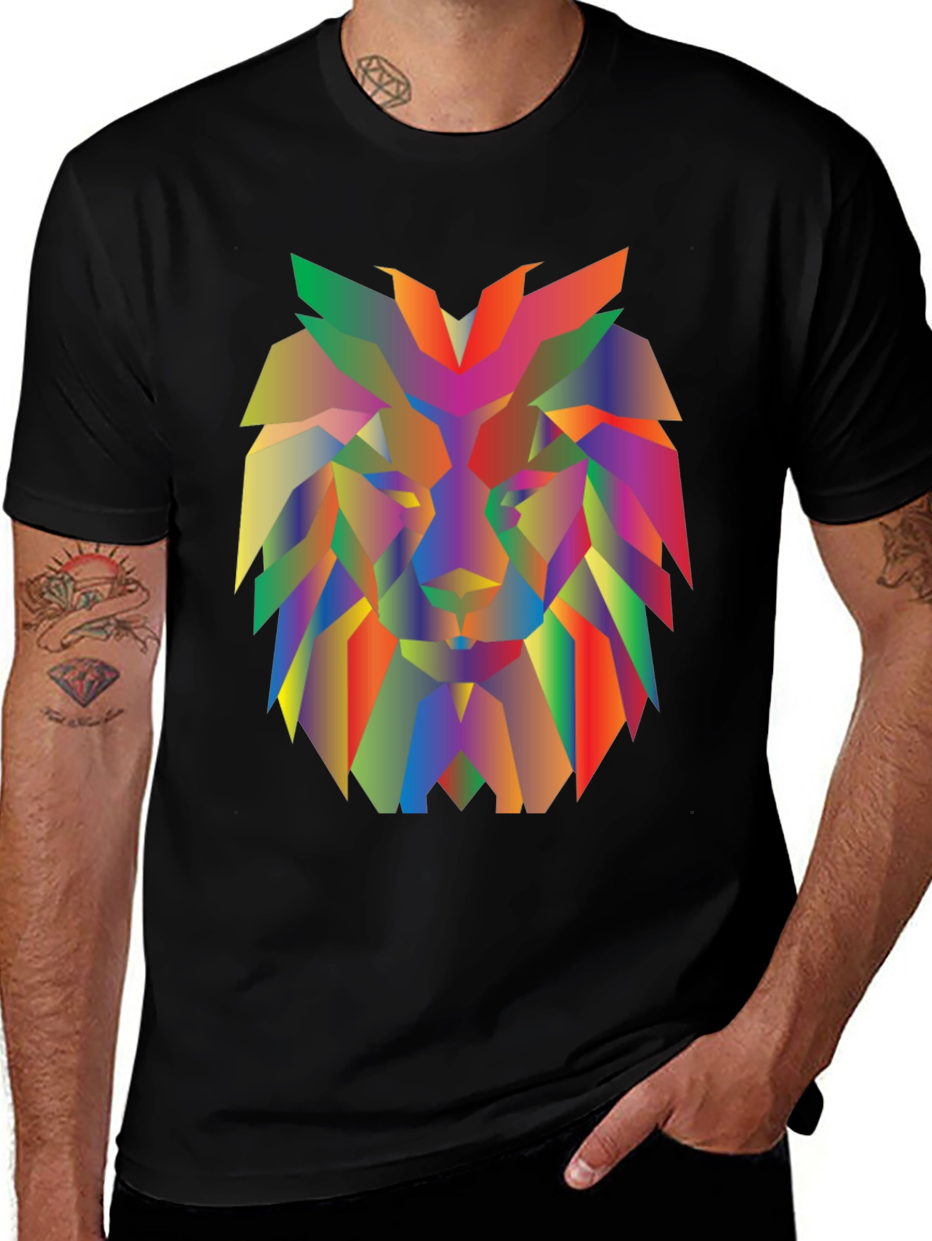 Geometric Lion Graphic Tee - Modern Mens Black T-Shirt