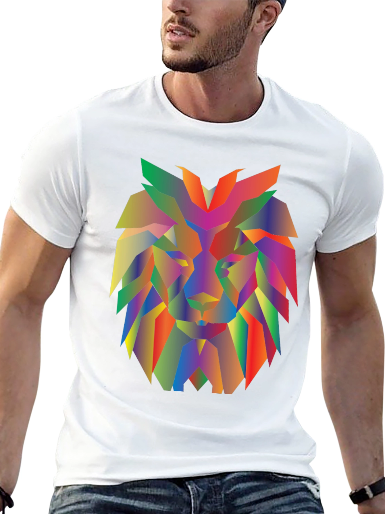 Geometric Lion Graphic Tee - Modern Mens Black T-Shirt